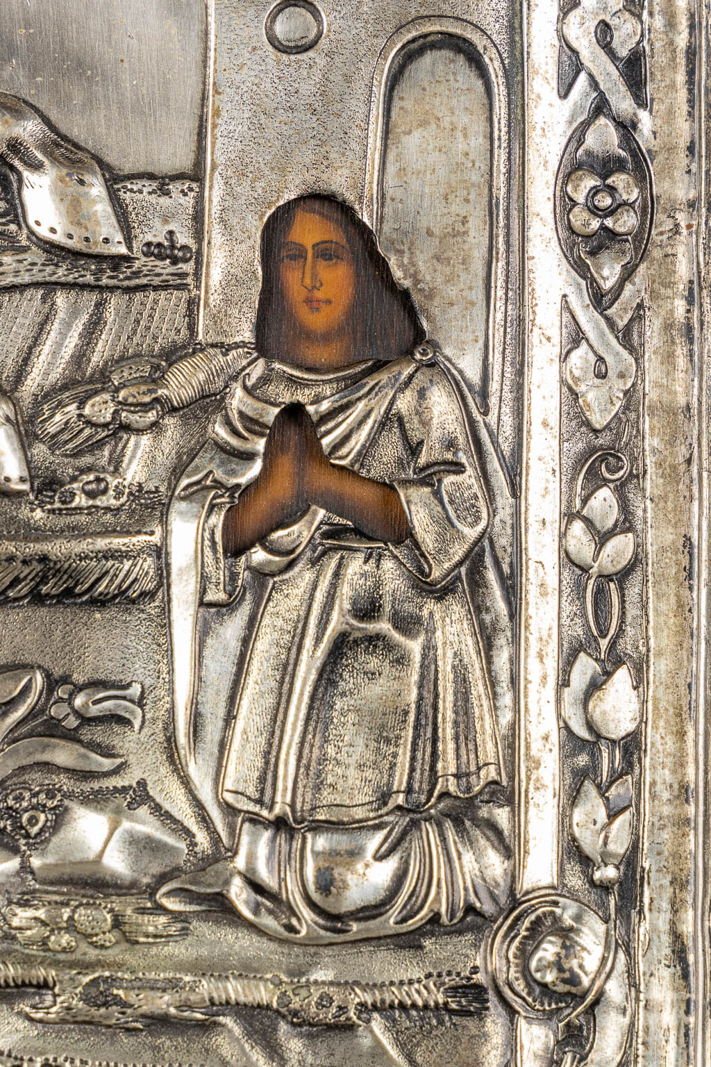 An antique Russian icon with a silver rizza 