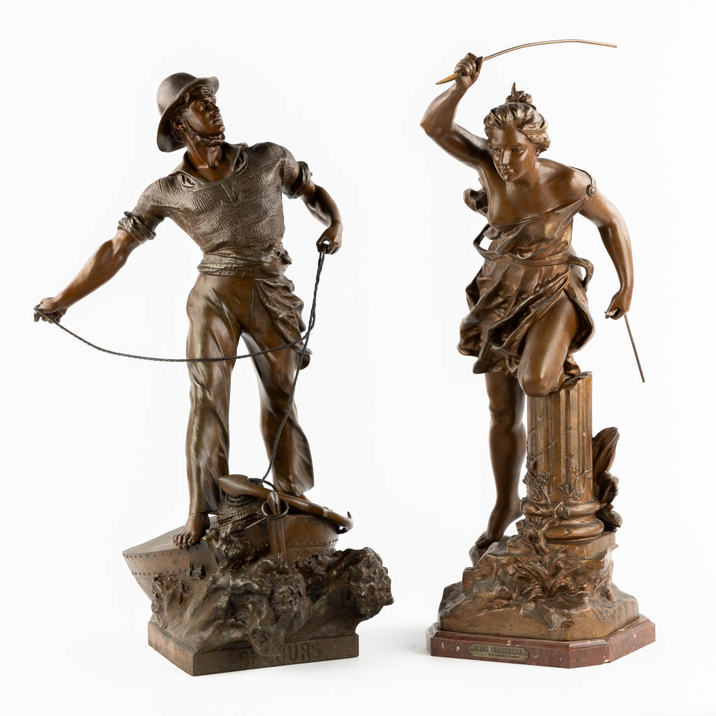 Waagen and Obiols, two spelter figurines. Circa 1900. (H:71 cm)