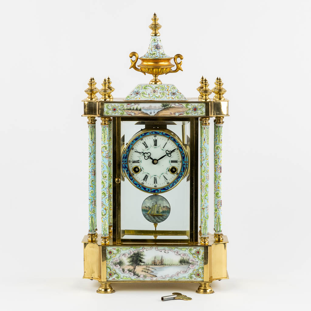 A brass and cloisonné enamel mantle clock, 20th C.