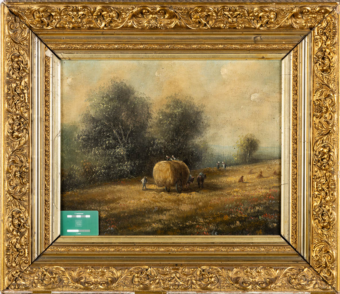 Loading the hay. A painting, oil on canvas. 19th C. (W:52 x H:41 cm)