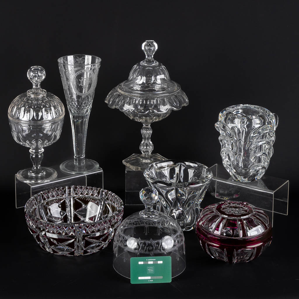 Val Saint Lambert and others, Eight pieces of cut and etched crystal.