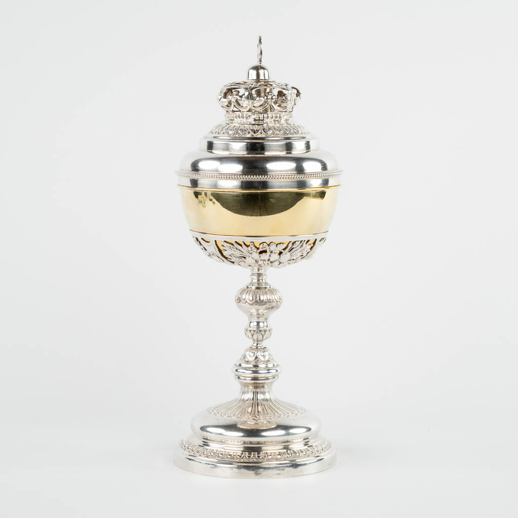 A silver-plated brass ciboria with gold-plated cuppa, and a crowned lid. (c.1900)