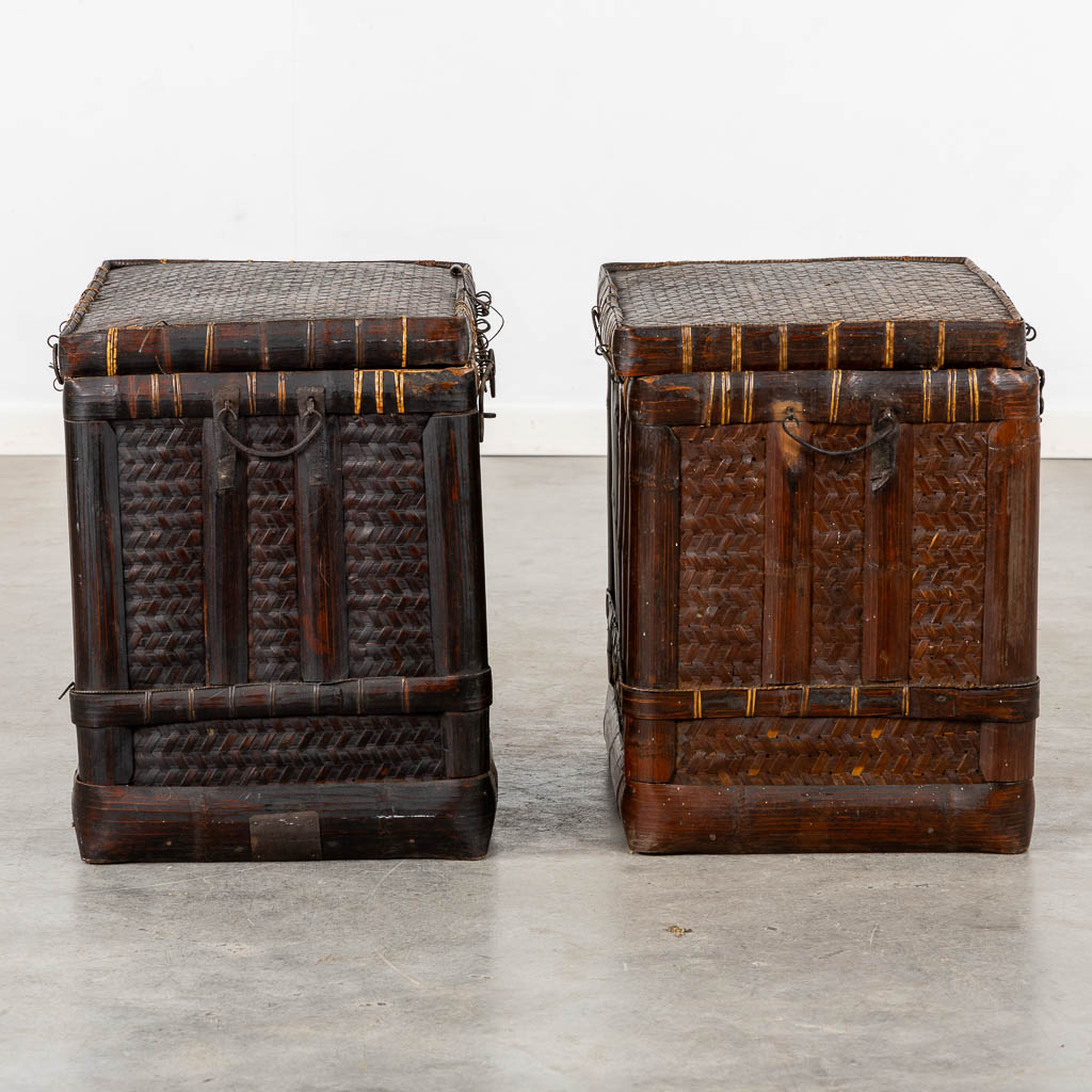 A decorative Oriental pair of side tables, woven. Late 19th/circa 1900. (L:44 x W:59 x H:53 cm)