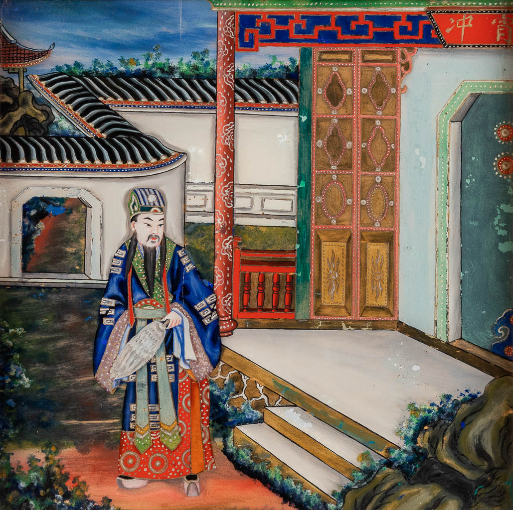 A pair of Chinese reverse glass paintings, Eglomisé. (W:24 x H:24 cm)