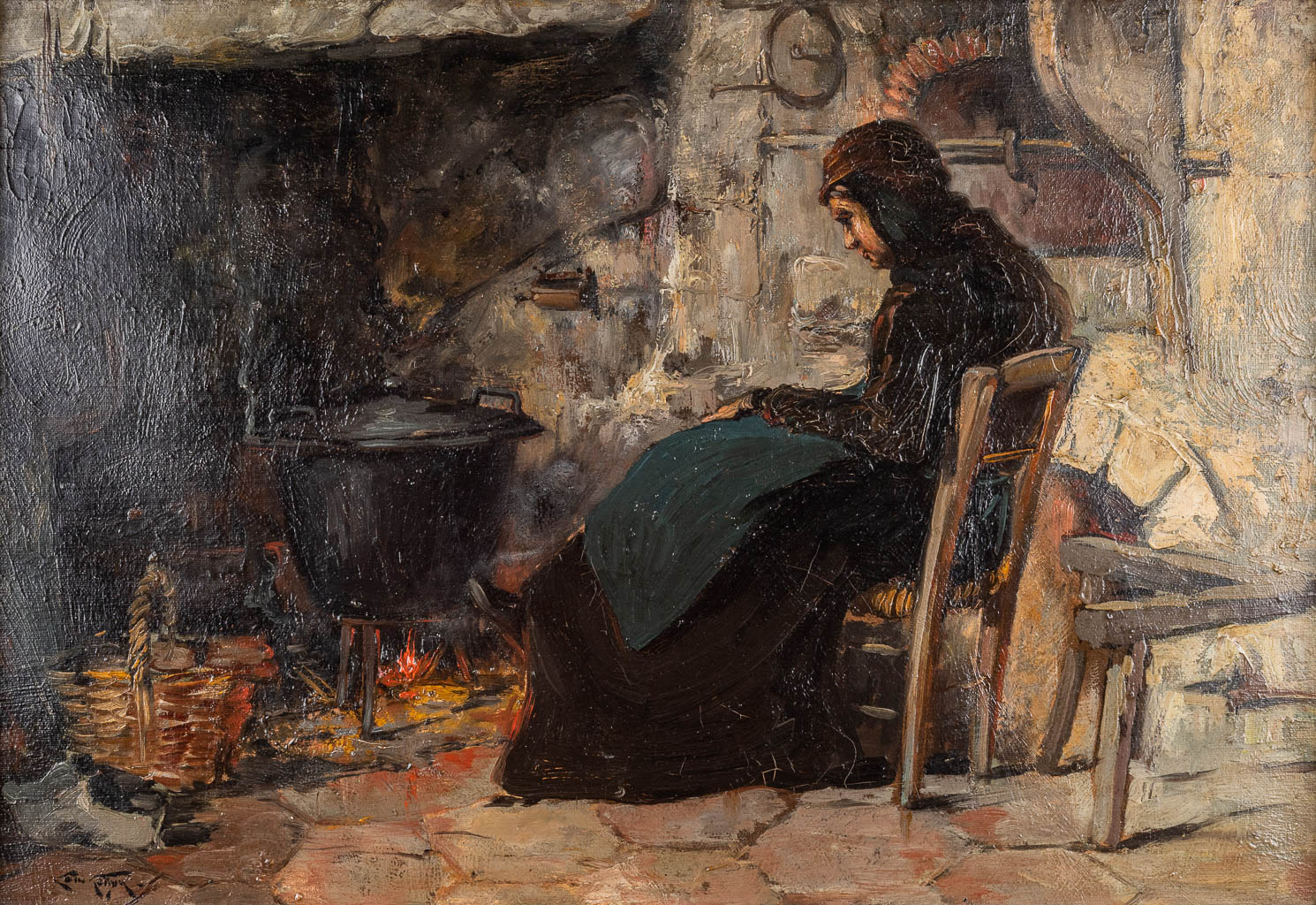 Louis TONYN (XIX-XX) 'The fireplace' oil on canvas. (W:55 x H:39 cm)