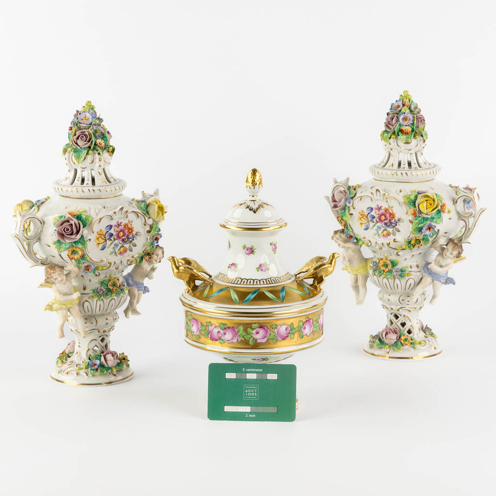 Dresden and Sitzendorf, three pieces of polychrome porcelain. Saxony, Germany. (L:11 x W:20 x H:29 cm)