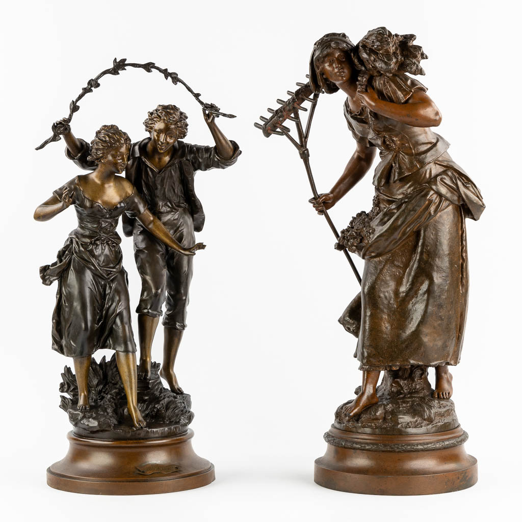 After Auguste Moreau and Rancoulet, two spelter figurines. Circa 1900. (H:68 cm)