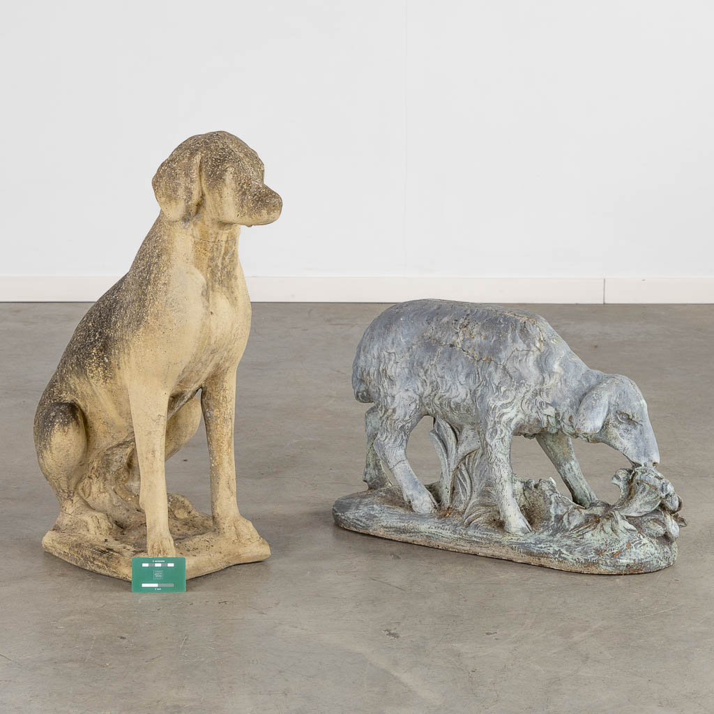 Two decorative garden statues of a dog and a sheep, concrete. (L:55 x W:28 x H:72 cm)