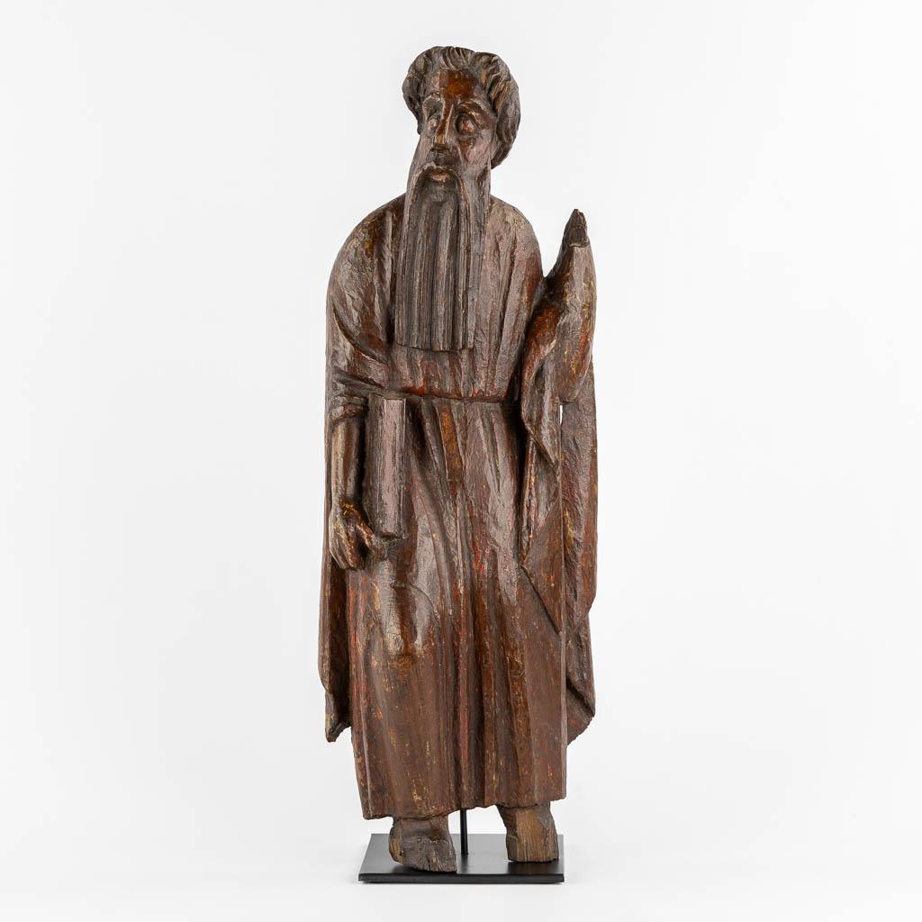 An antique wood sculpture of a Prophet, Sculpture du val de boi, Catalonia. 12th C. (L:9 x W:20 x H:57 cm)