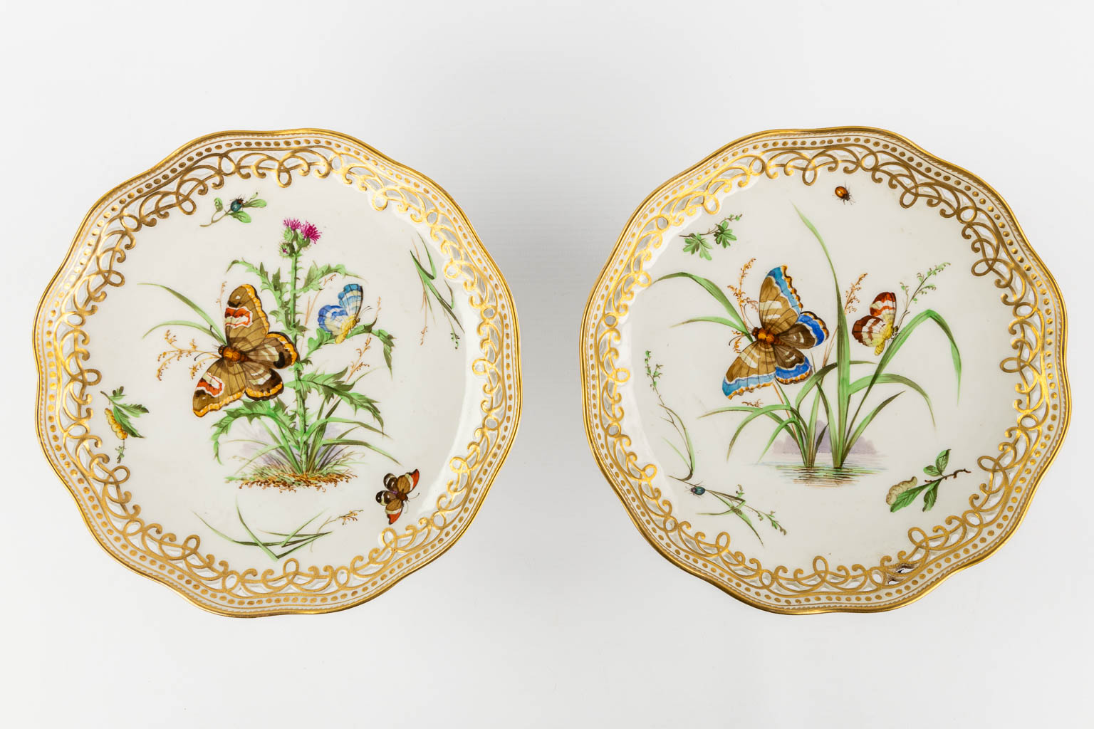 Royal Copenhagen, 7 plates and two Tazza, polychrome porcelain with a hand-painted decor. (D:22 cm)