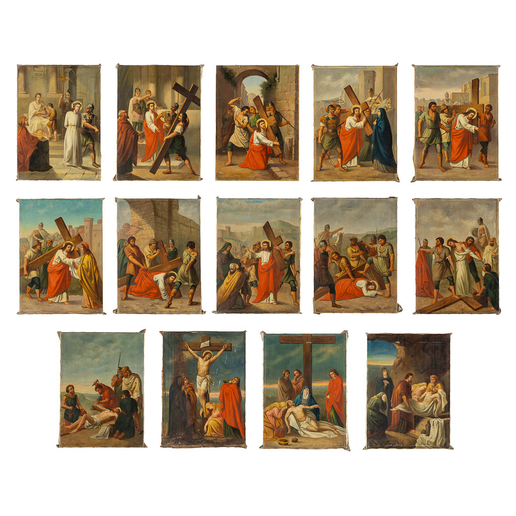 A 14-piece 'Station of the cross', oil on canvas. 19th C. (W:50 x H:69 cm)