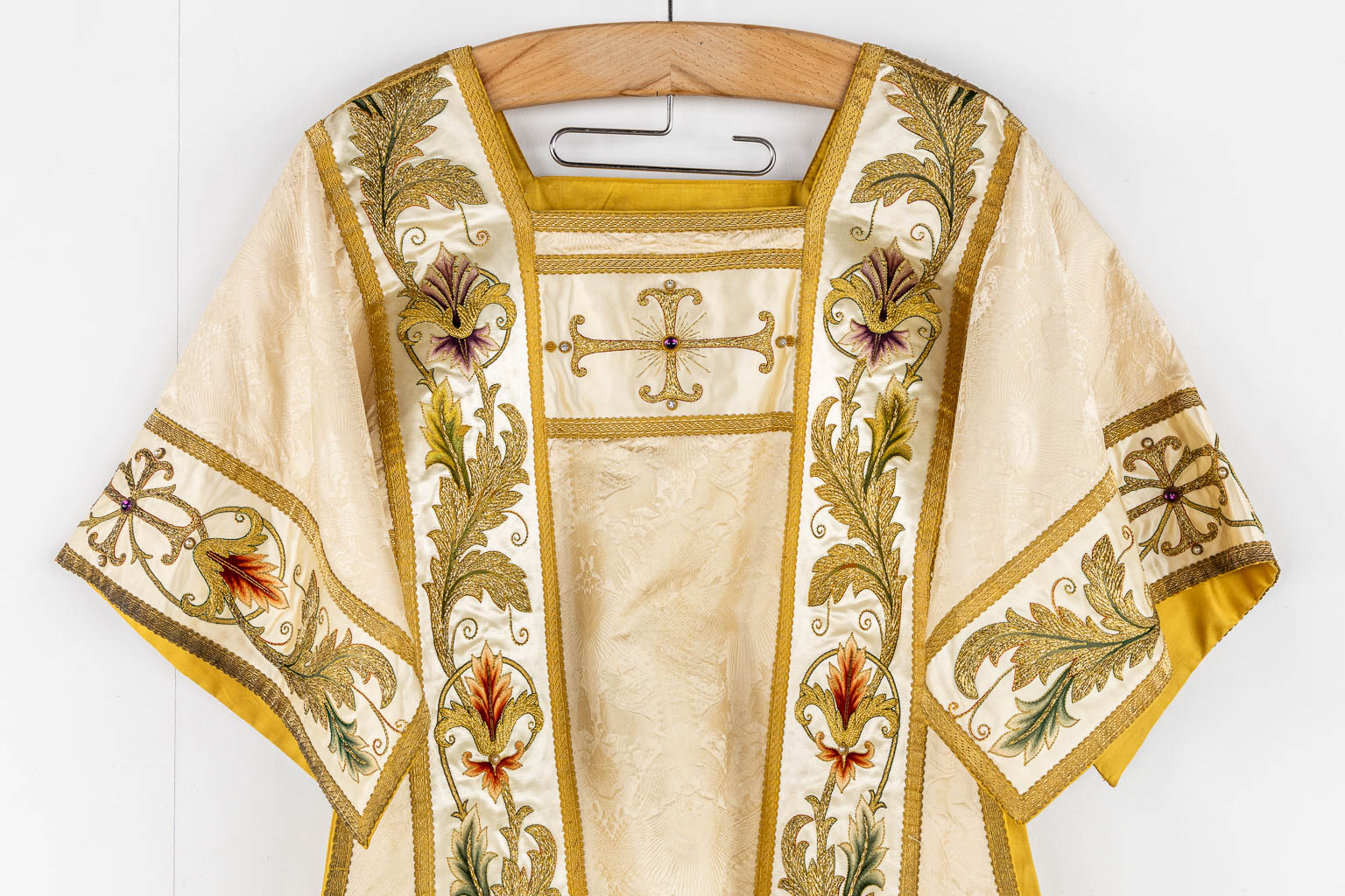 A pair of Dalmatics and a Cope, Thick Gold Thread Embroideries and Cabochons. 