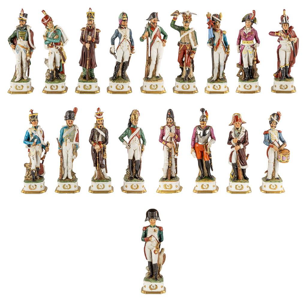 Napoleon and the generals, polychrome porcelain. 15 + 3 pieces. (L:9,5 x W:10 x H:31 cm)