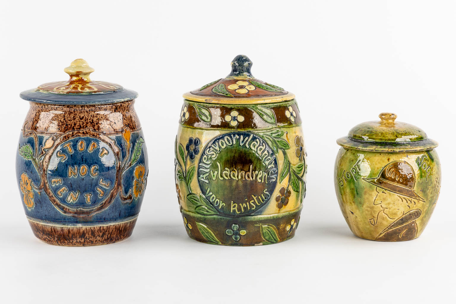 Three Flemish Earthenware Tobacco Jars. (H:20 x D:15 cm)