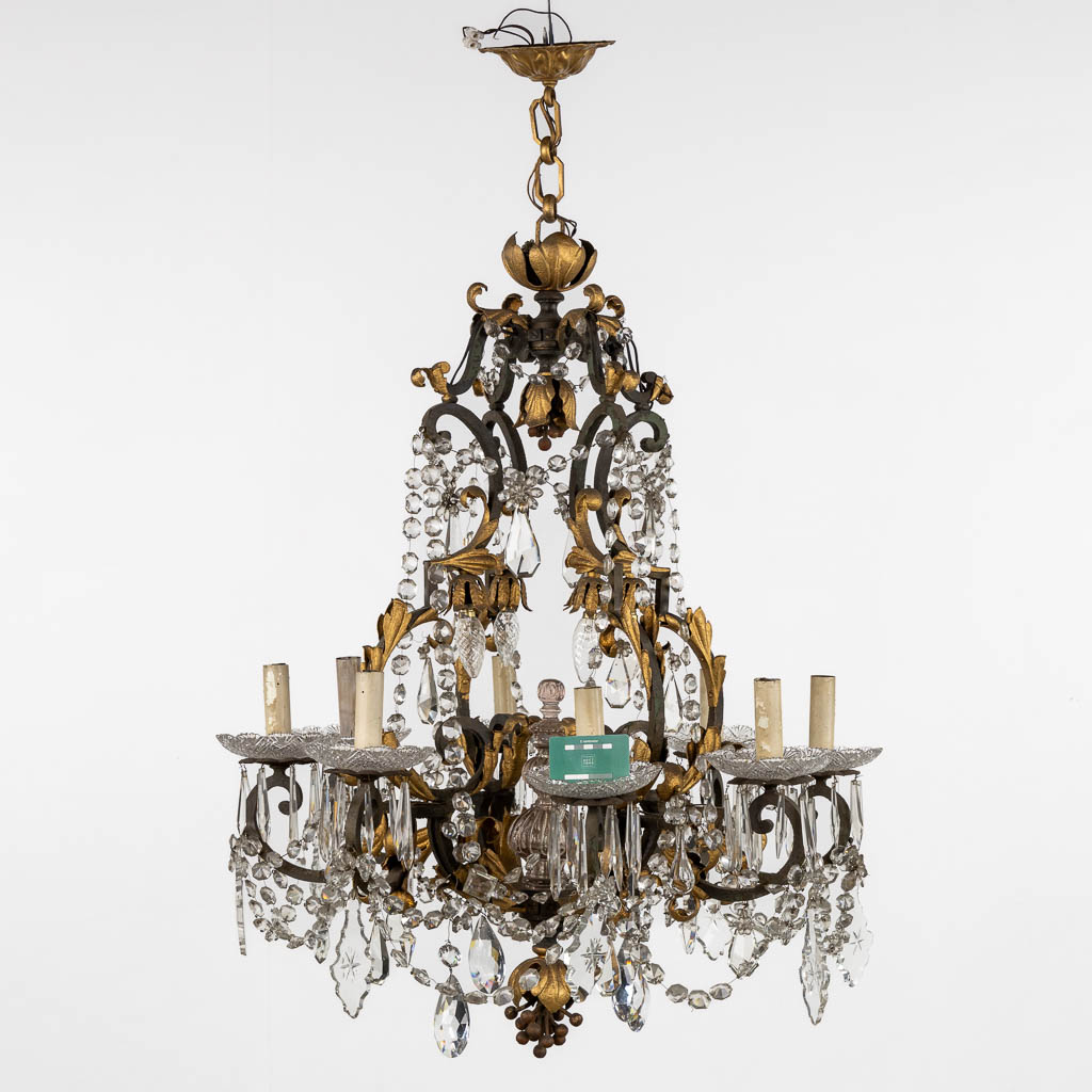 An antique chandelier, metal and cut crystal, Val Saint Lambert. Early 20th C. (H:100 x D:74 cm)