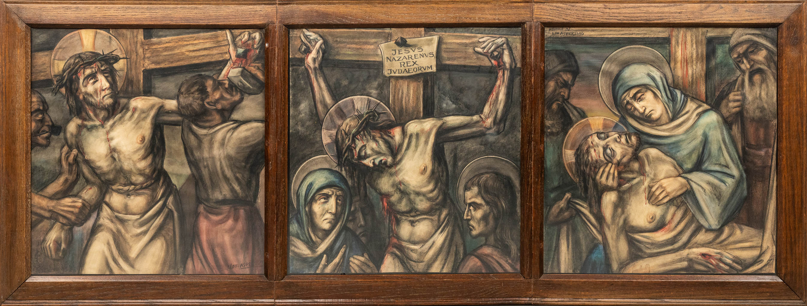 Three stations from a 'Stations of the cross', pastel on paper. Signed Lou ASPERSLAGH (1893-1949).