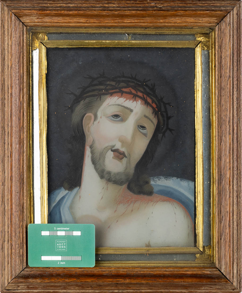 An antique 'Reverse glass painting', Christ with the crown of thorns. 19th C.