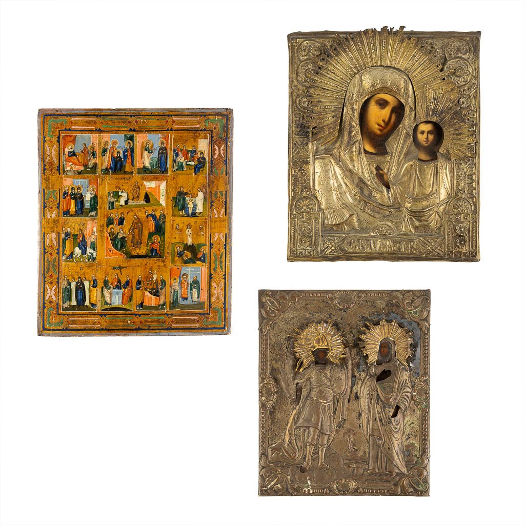 Three Russian icons of which 2 with a silver-plated rizza. 19th C. (W:26 x H:32 cm)