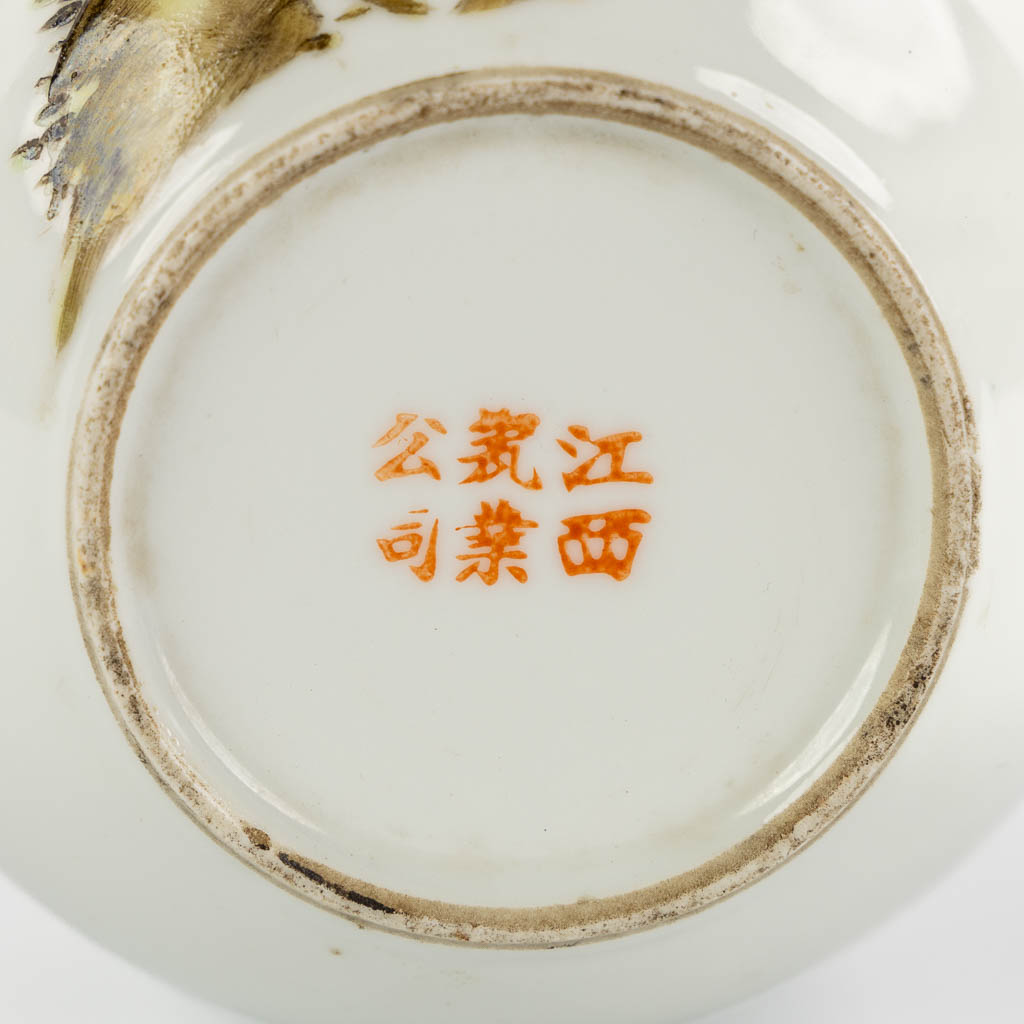 A Chinese Famille Rose teapot with a floral decor and calligraphy. 19th/20th C. (L:12 x W:21 x H:16 cm)