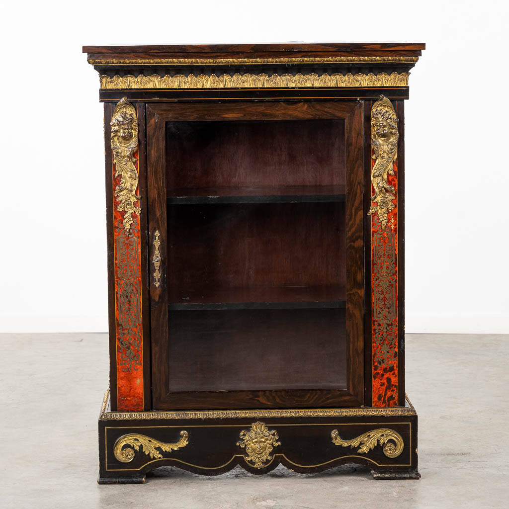 A low display cabinet, mounted with bronze putti, Boulle, Napoleon 3. 19th C. (L:36 x W:83 x H:109 cm)