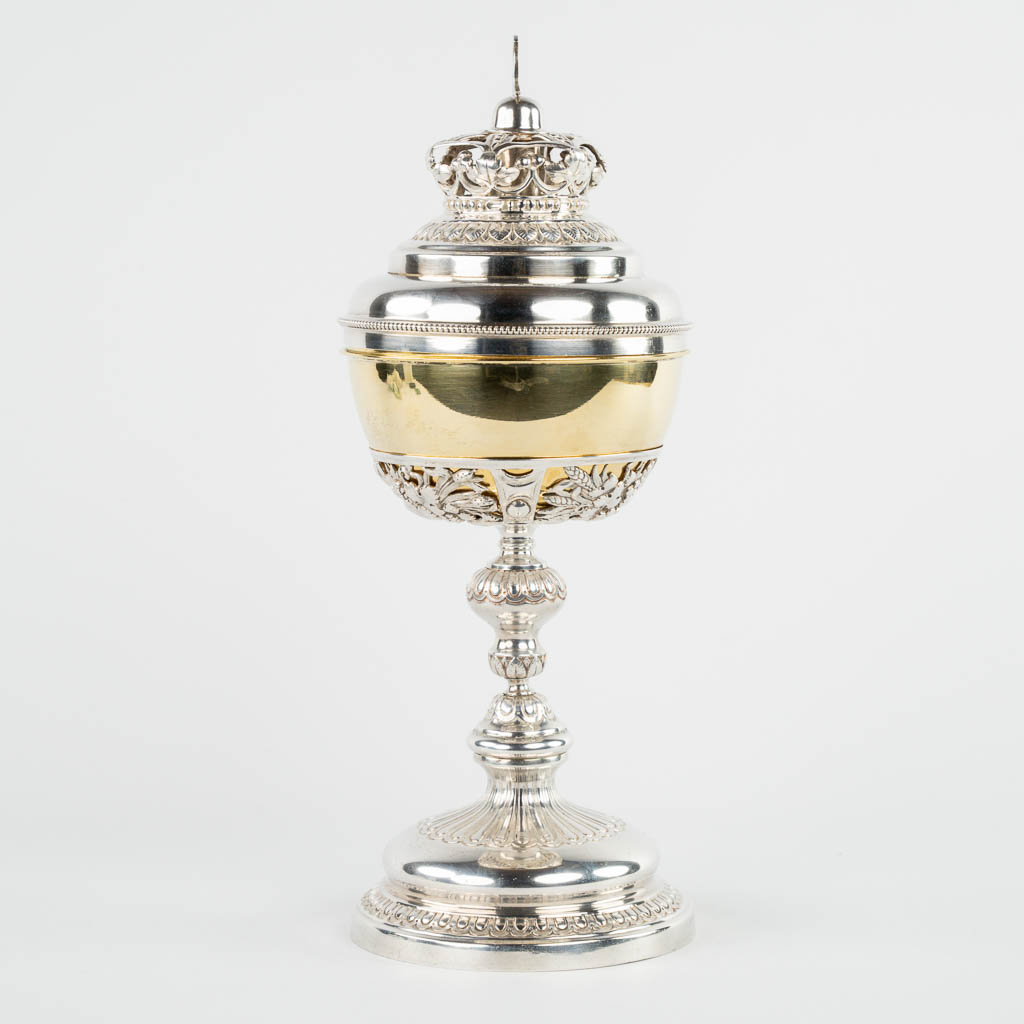 A silver-plated brass ciboria with gold-plated cuppa, and a crowned lid. (c.1900)