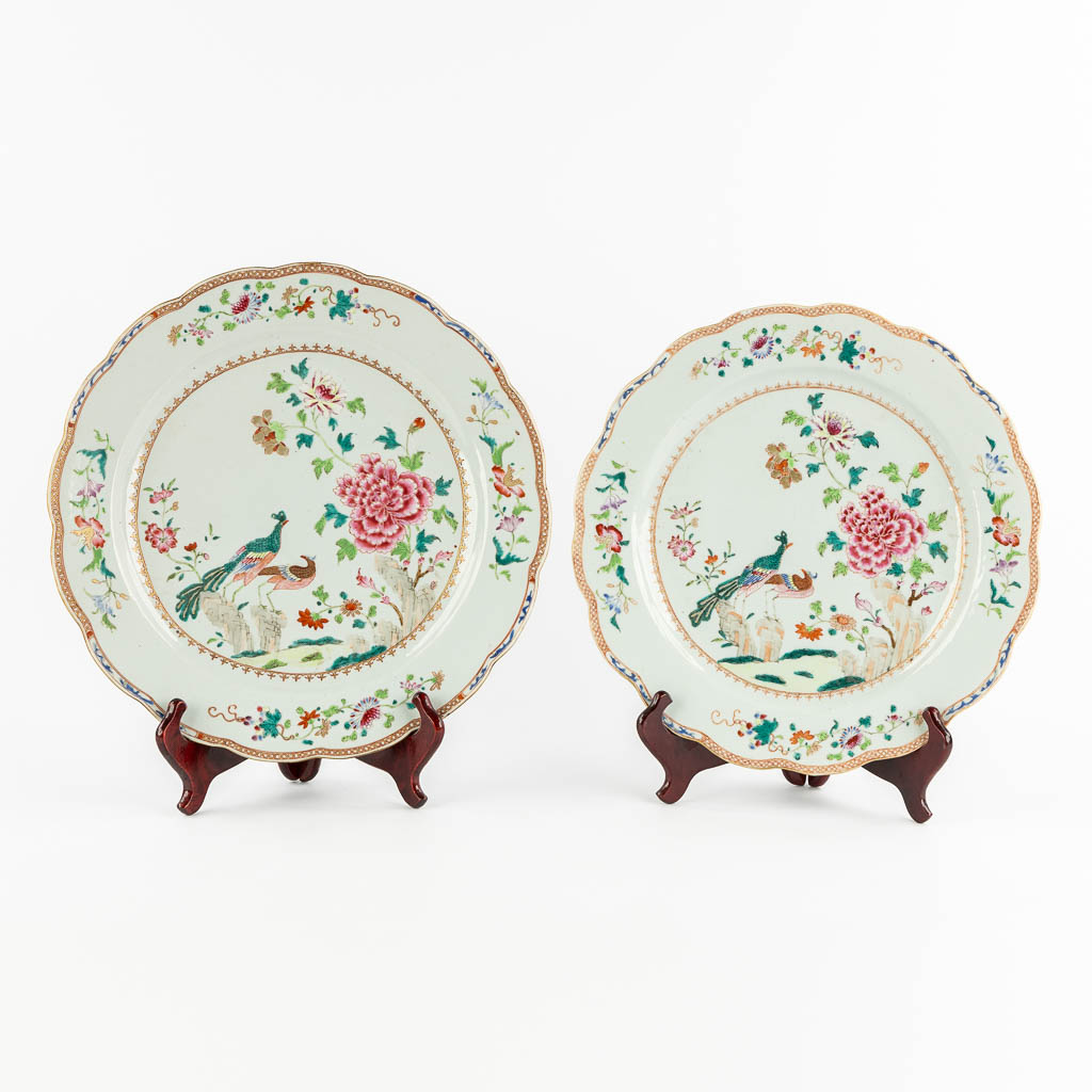 Two large Chinese Famille Rose plates, Double Peacock decor. 18th C. (D:41 cm)