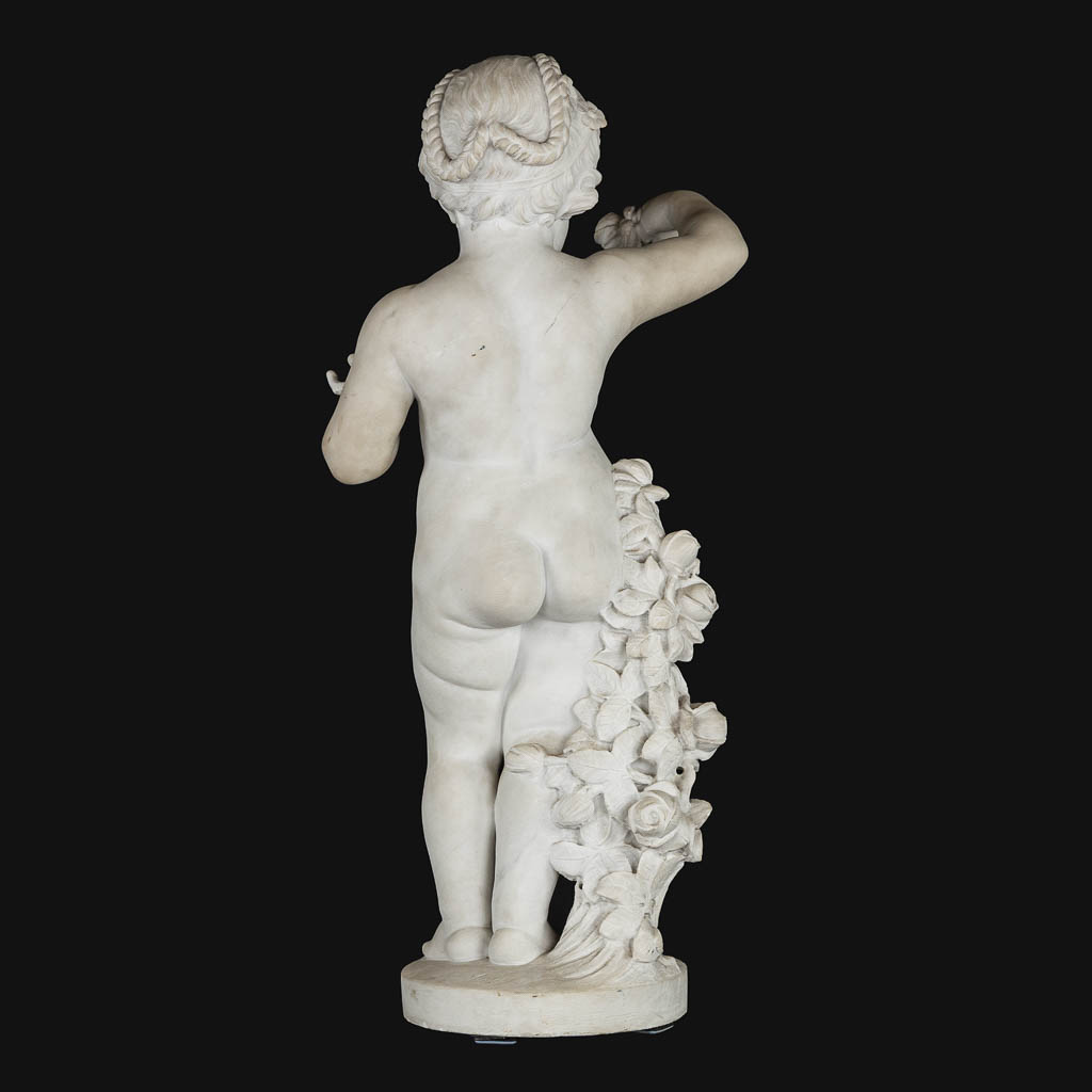 Boy with a rose, a Carrara marble sculpture, signed Vanet. 19th C. (L:35 x W:42 x H:92 cm)