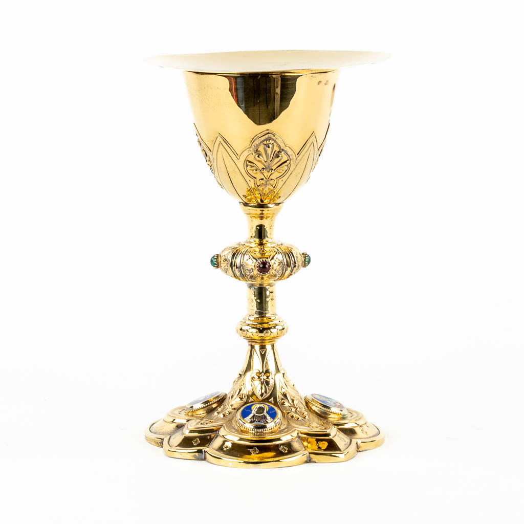 A Gothic Revival Chalice mounted with enamel plaques and cabochons. France. 950/1000.