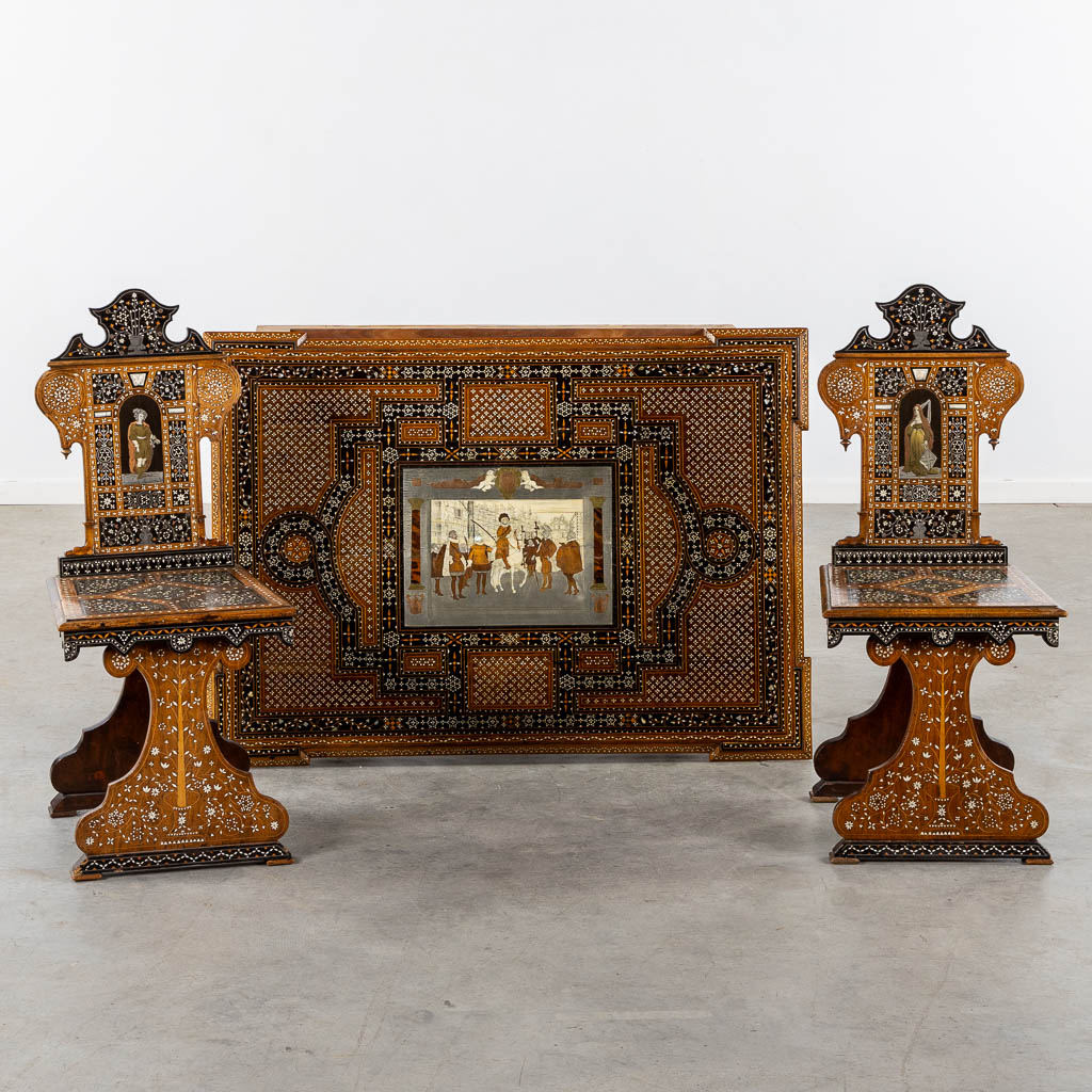 A Syrian table with two matching chairs, Marquetry and copper inlay, 19th C. (L:87 x W:121 x H:80 cm)