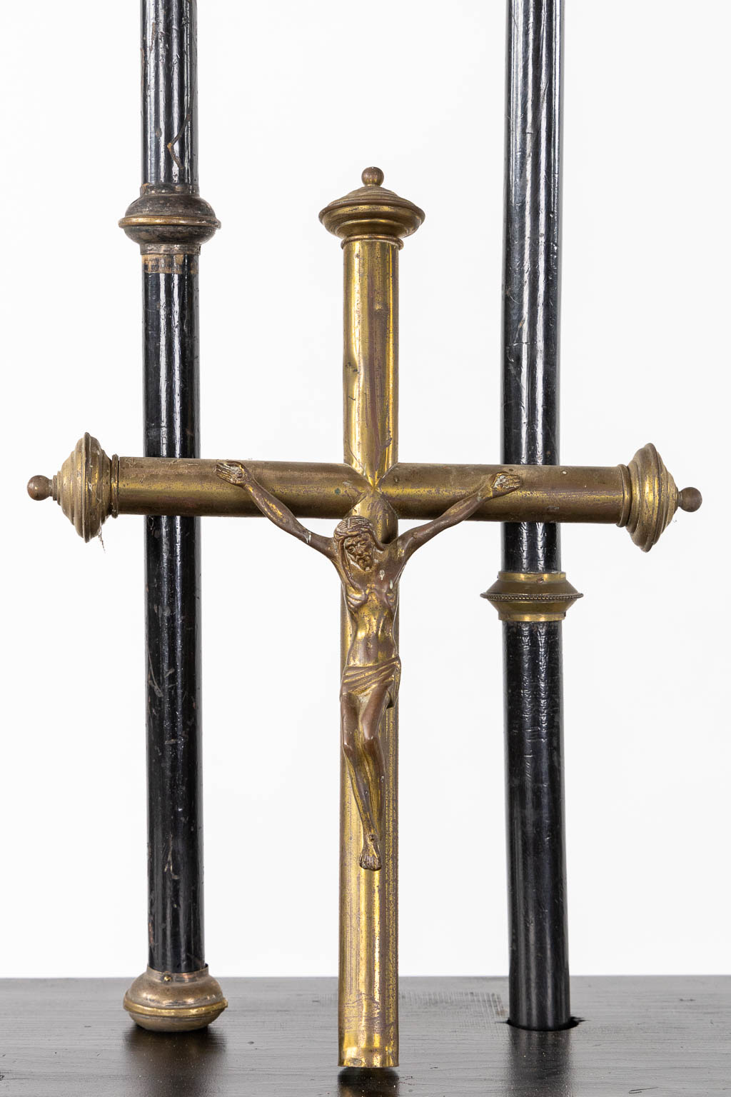 Three Processional crucifixes and two Processional staffs, Bronze and brass. Gothic Revival. (H:172 cm)