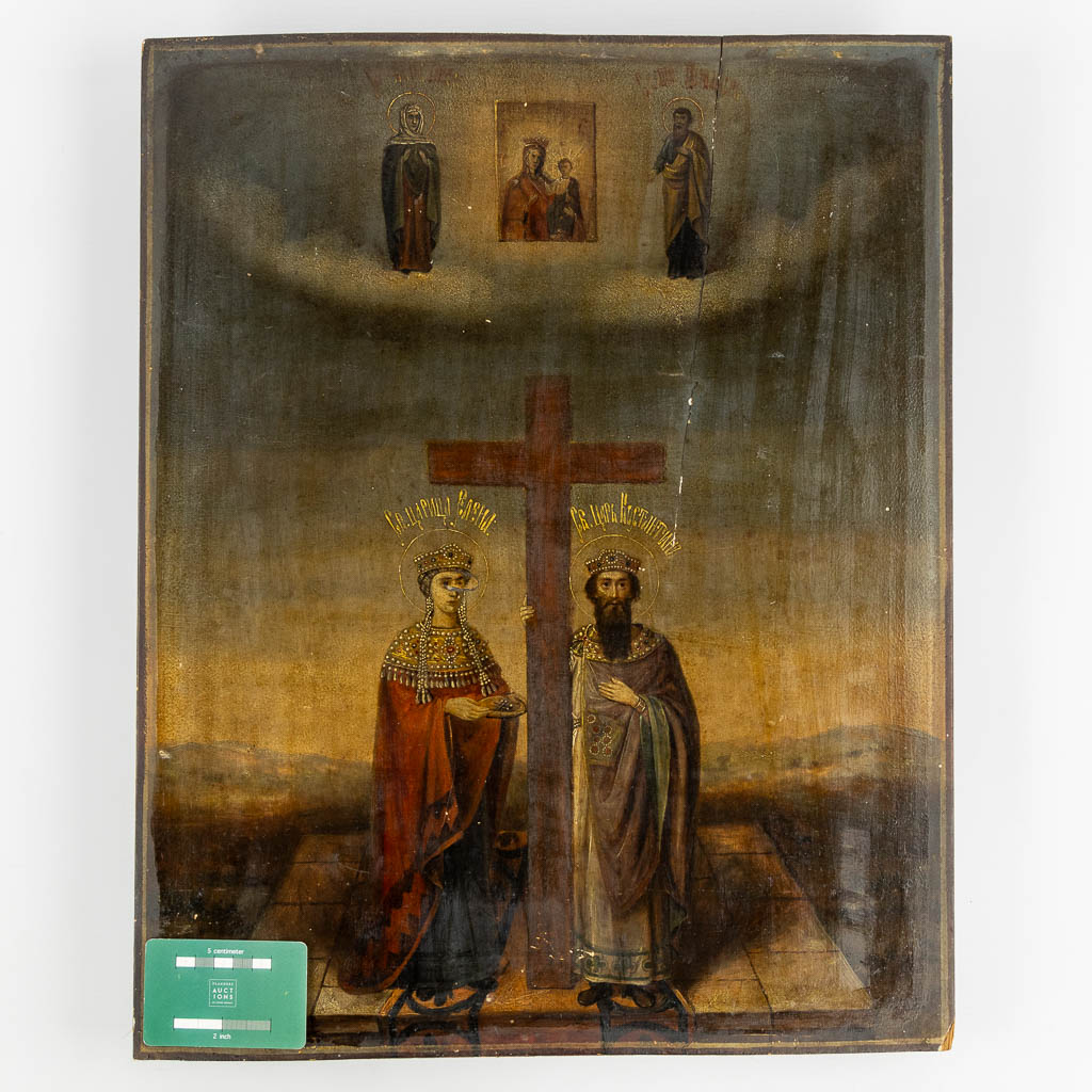 An antique Russian icon, Saints Constantine and Helena near the crucifix