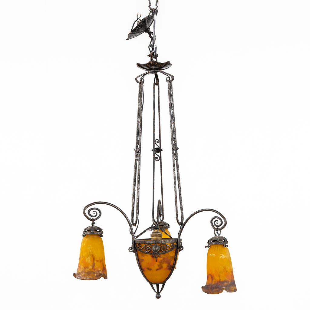 Muller Frères Luneville, a pâte-de-verre chandelier, glass and wrought iron. (H:78 x D:45 cm)