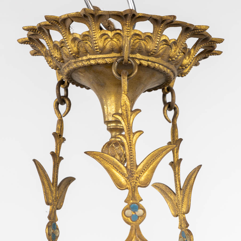 A pair of candle chandeliers, brass with enamel, Gothic Revival. (H:103 x D:42 cm)