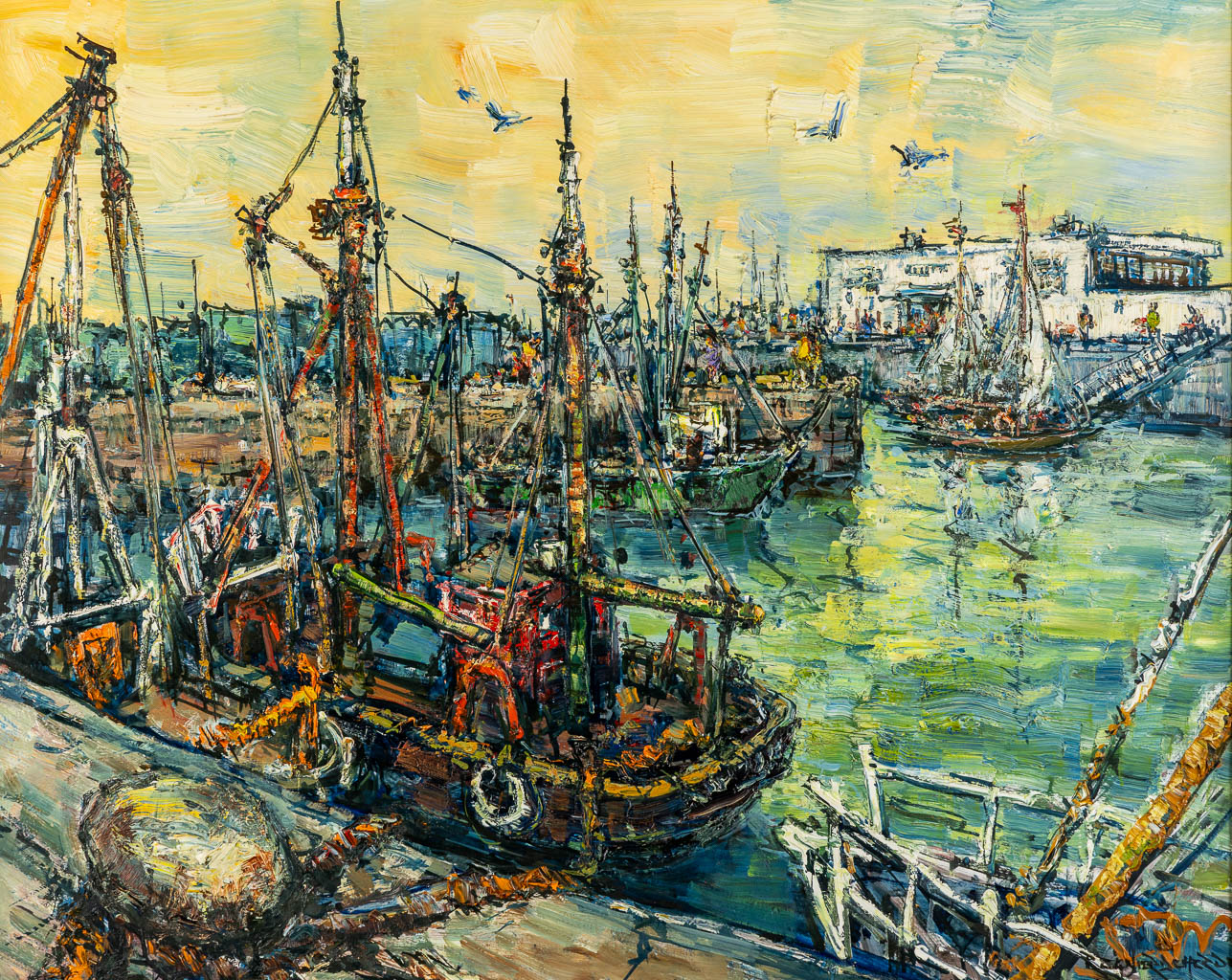 Regnier DE HERDE (1914-2004) 'Vissershaven Oostende'. (W:100 x H:80 cm)