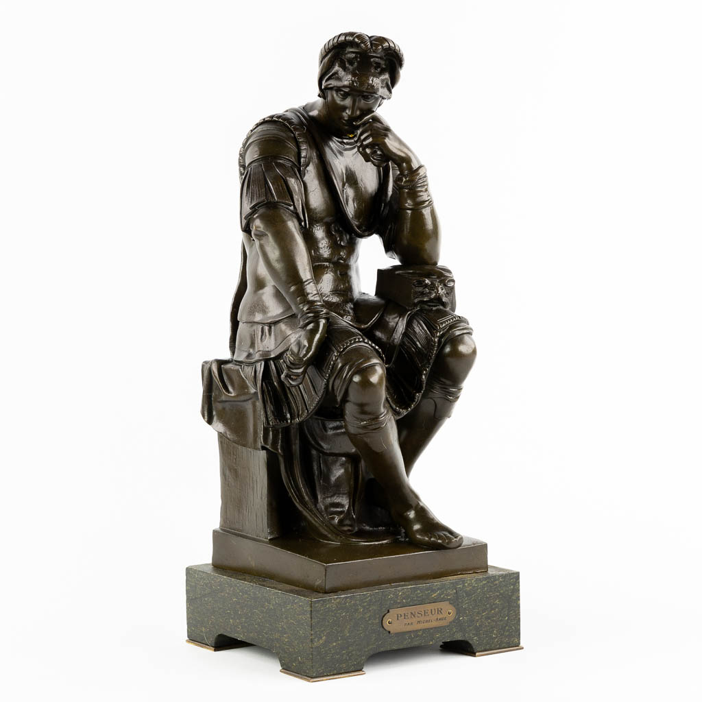 After Michelangelo, 'Lorenzo Di Medici', patinated bronze. (L:19 x W:23 x H:44 cm)