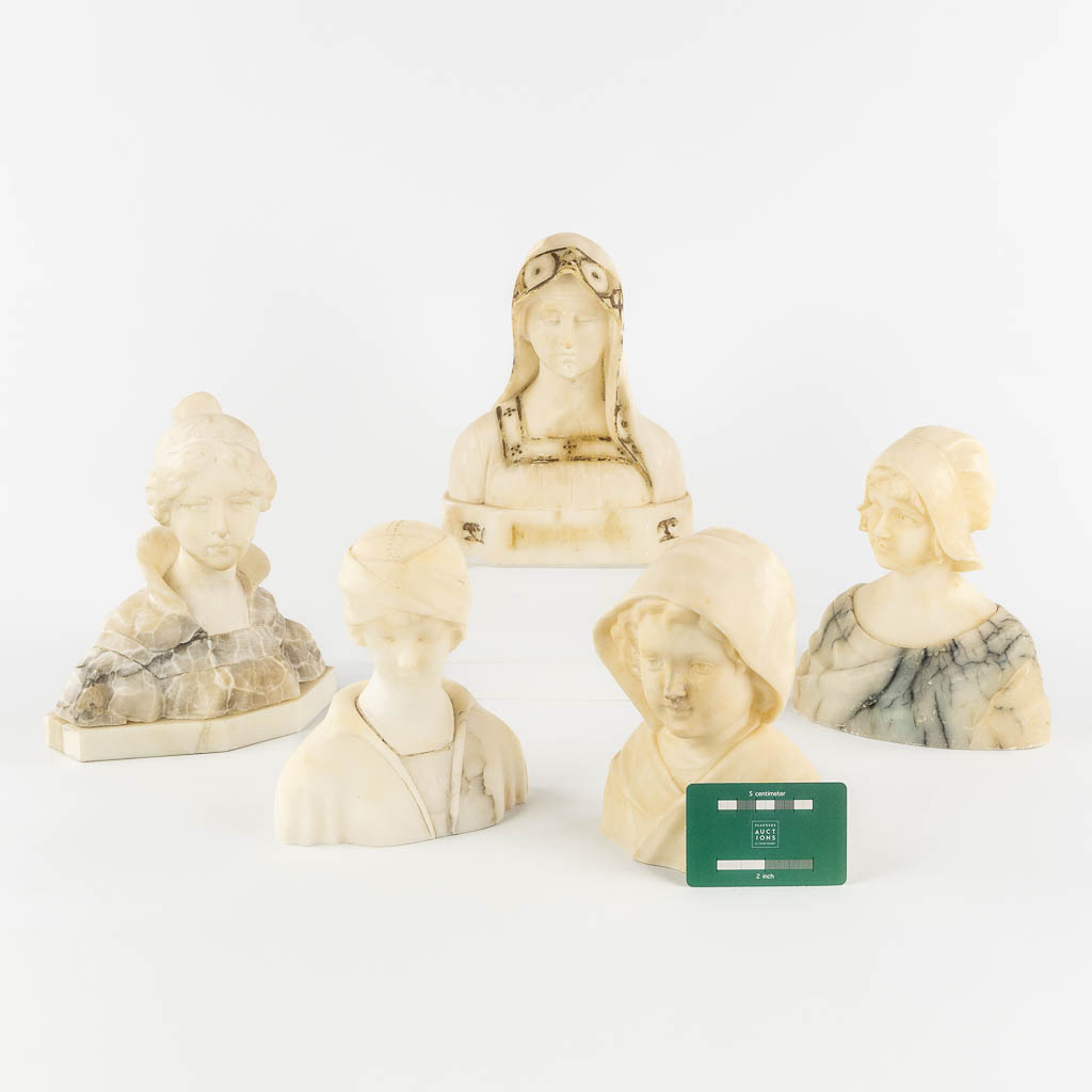 Five busts of ladies, sculptured Alabaster, Circa 1900. 