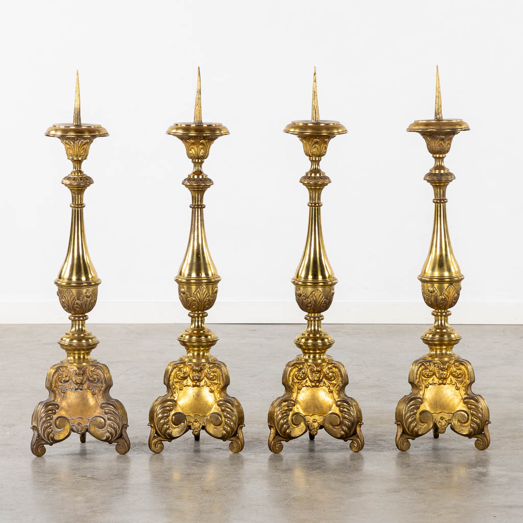 A set of four Baroque style Chruch Candlesticks, Ave Maria, Brass. (H:90 cm)