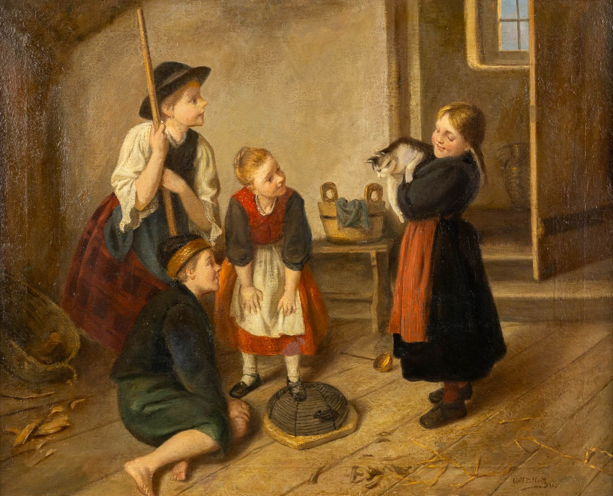 Adolphe DILLENS (1821-1877) 'De Kat en de Muis' 1866. (W:90 x H:72 cm)