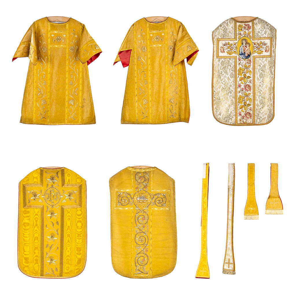 A pair of Dalmatics and three Roman Chasubles, Thick Gold Thread and embroideries.