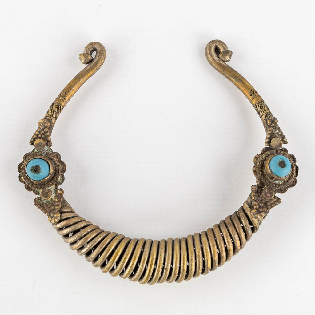 An antique Afghan Tribal neclace, Spiral metal with cabochons. (W:17 x H:15 cm)