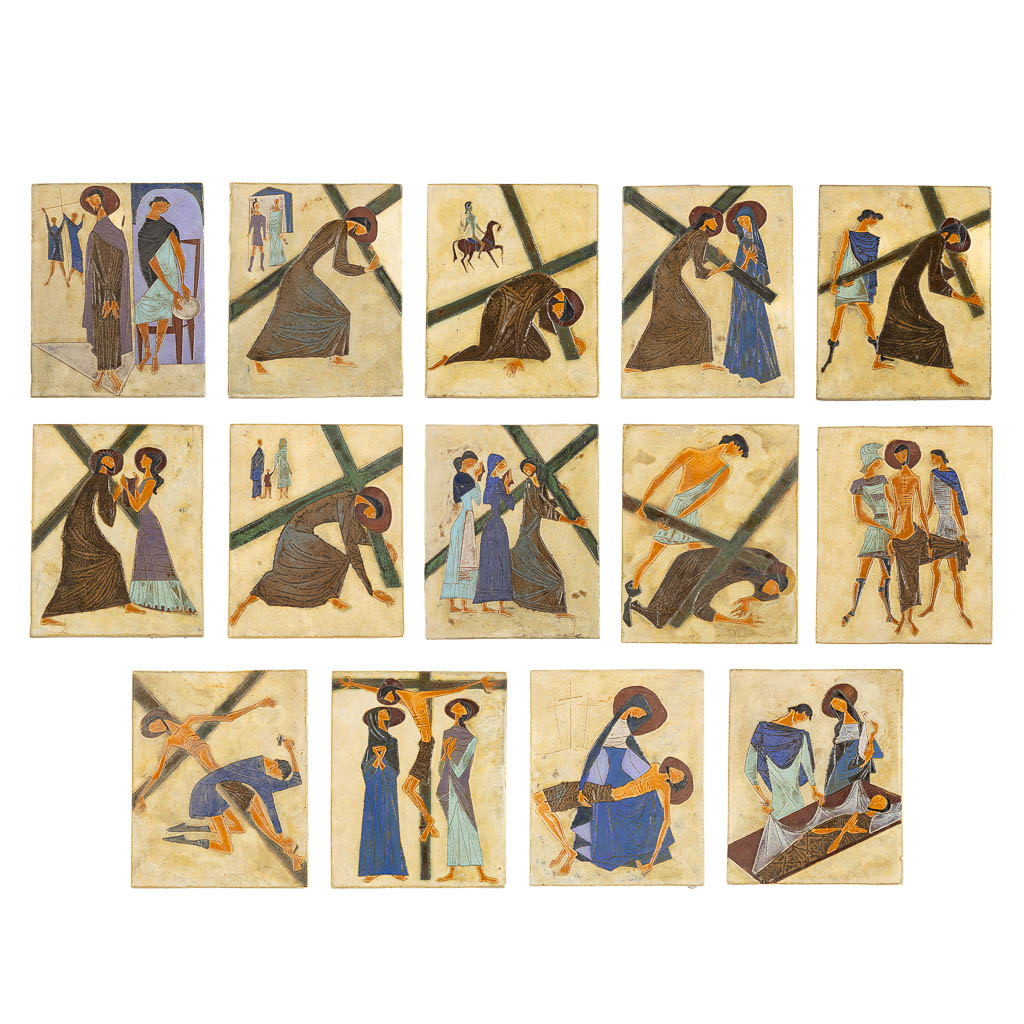 A 14-piece station of the cross, glazed ceramics. Rogier Vandeweghe for Amphora. (L:22,5 x W:28 x H:1 cm)