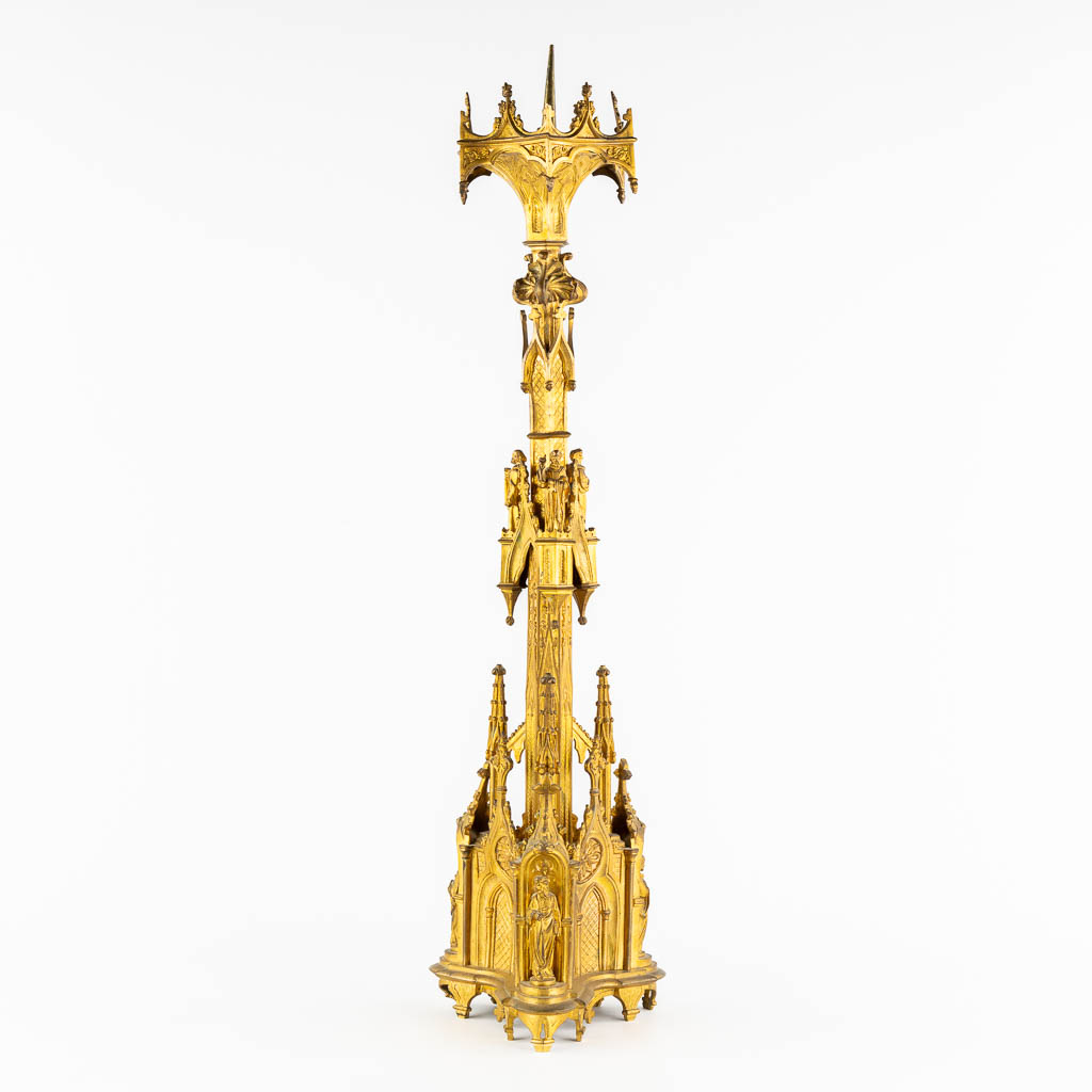 An antique church candelabra, gilt bronze, Gothic Revival. (H:93 cm)