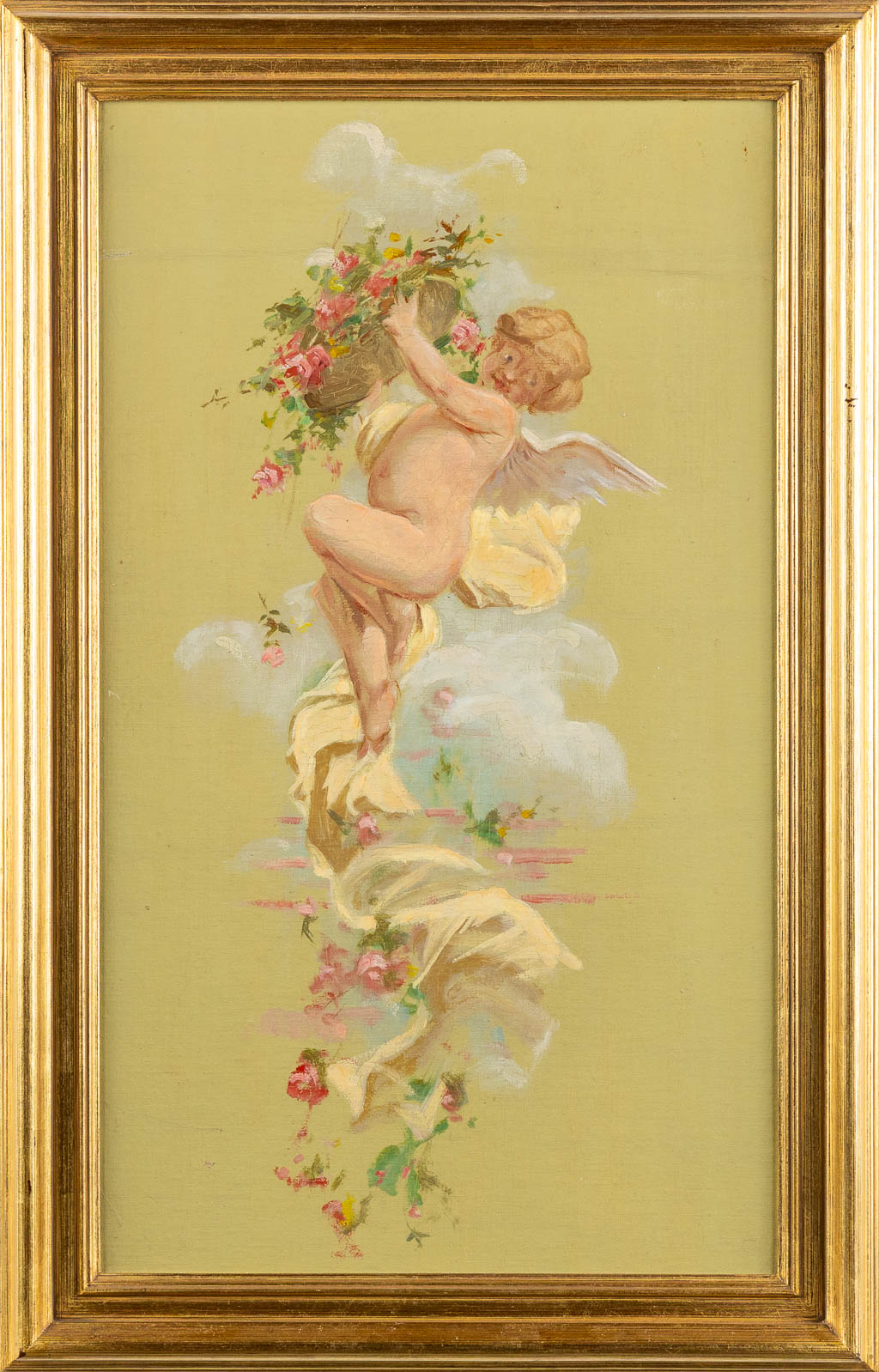 Drie decoratieve schilderijen met putti, olie op doek. 19de eeuw. (W:39 x H:52 cm)