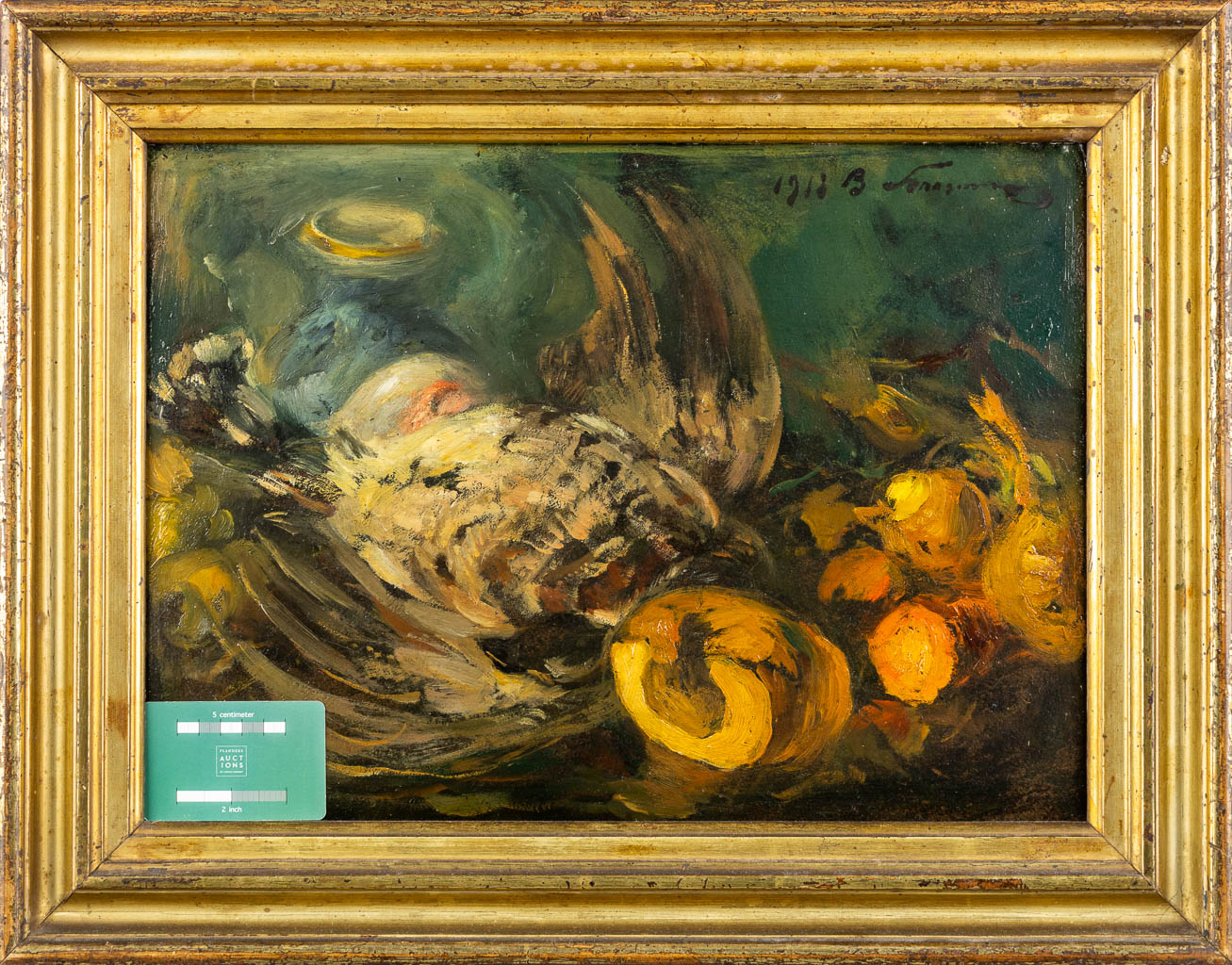 An antique still life painting with hunting trophies, oil on board. 1913. (W:45 x H:33 cm)