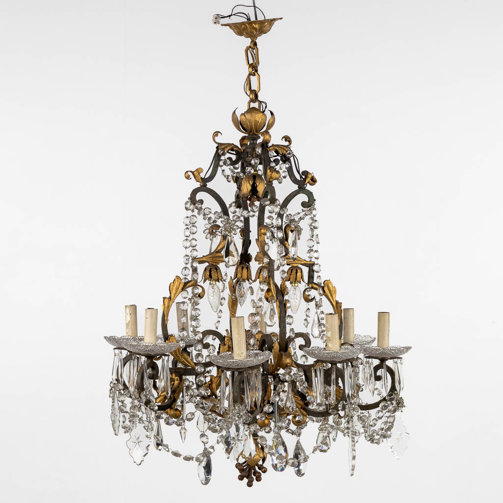 An antique chandelier, metal and cut crystal, Val Saint Lambert. Early 20th C. (H:100 x D:74 cm)