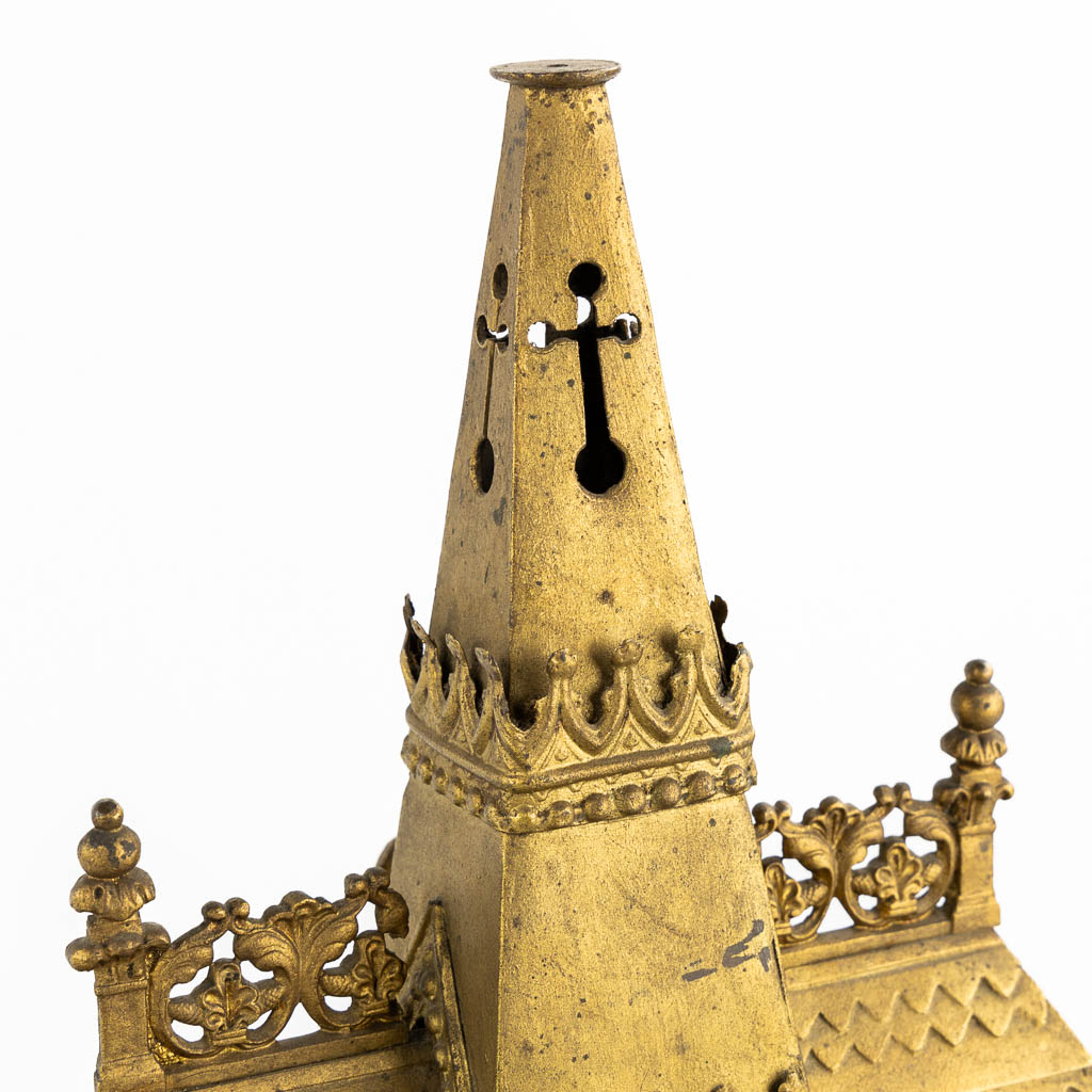 A Reliquary Shrine shaped like a Gothic Revival chapel, gilt bronze.