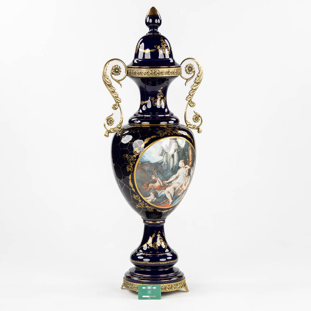 A decorative cobalt blue vase mounted with bronze, in the style of Sèvres. 20th C. (L:30 x W:42 x H:110 cm)