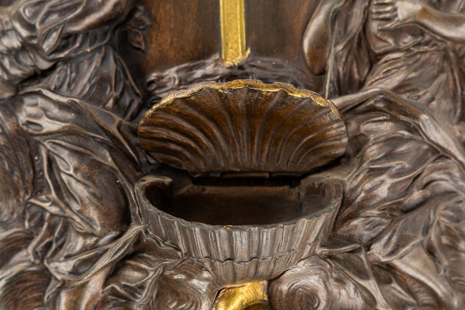 A holy water font with Angel figurines, Patinated and gilt bronze. 19th C.