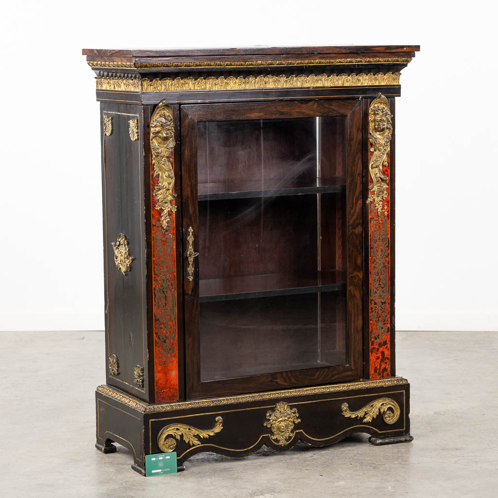 A low display cabinet, mounted with bronze putti, Boulle, Napoleon 3. 19th C. (L:36 x W:83 x H:109 cm)