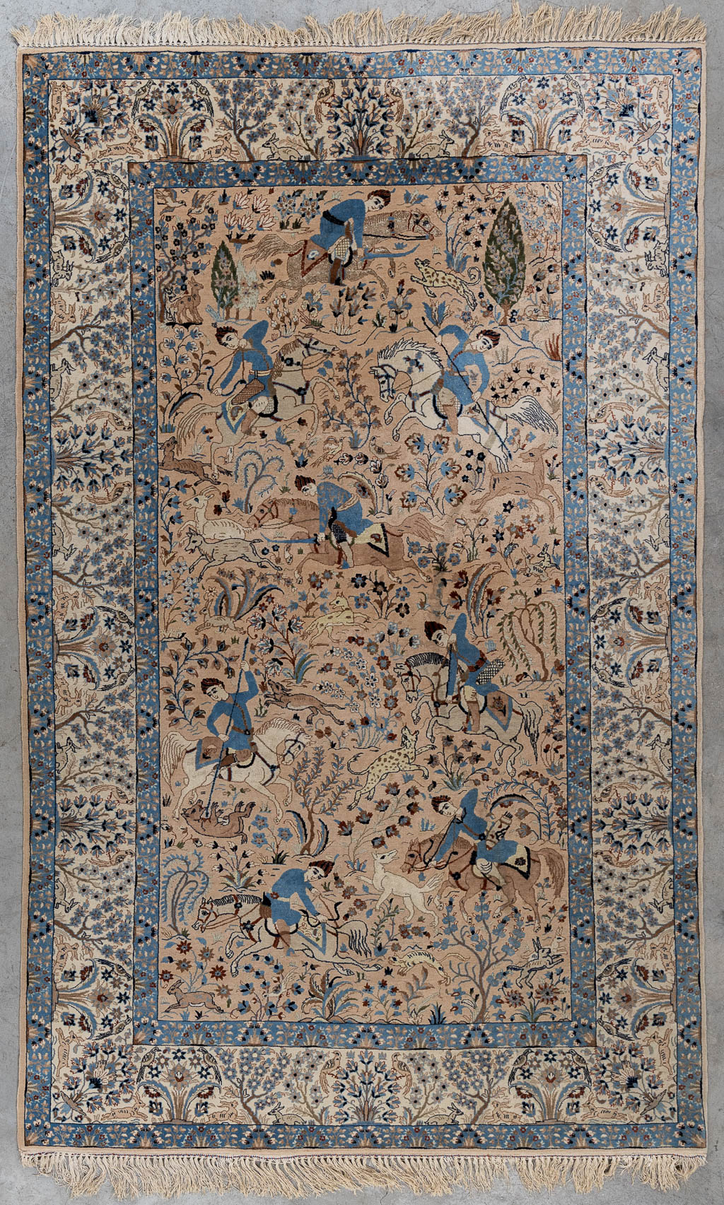 An Oriental hand-made carpet with a figurative decor, Silk, Nahin.  (W:147 x H:240 cm)